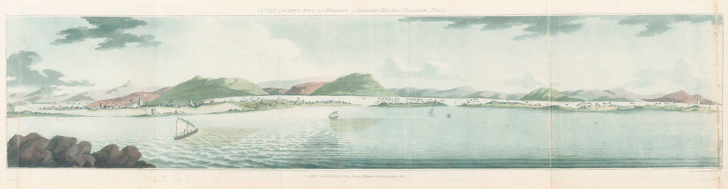Detail of A view of the town, fort, and harbour of Bombay; taken from Malabar Hill by T. Ra--e