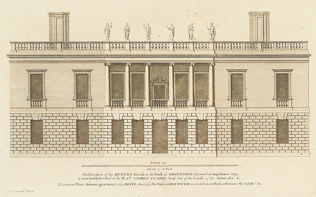 Detail of The Elevation of the Queens House to the Park at Greenwich Invented by Inigo Jones 1639 by Colen Campbell