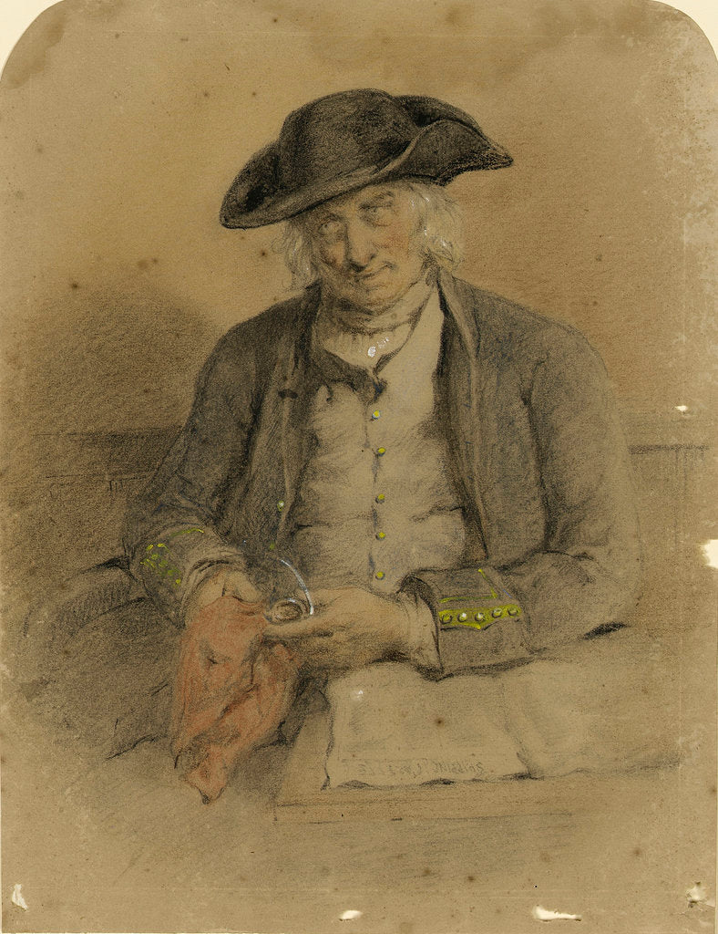 Detail of Portrait of a Greenwich Pensioner holding a red handkerchief and spectacles, with a copy of the 'Shipping Gazette' by unknown