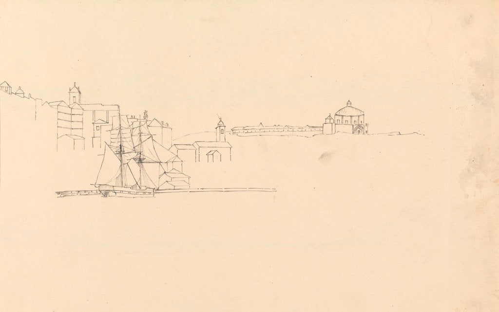 Detail of Sketch of two-masted sailing vessel off a Mediterranean port by John Christian Schetky