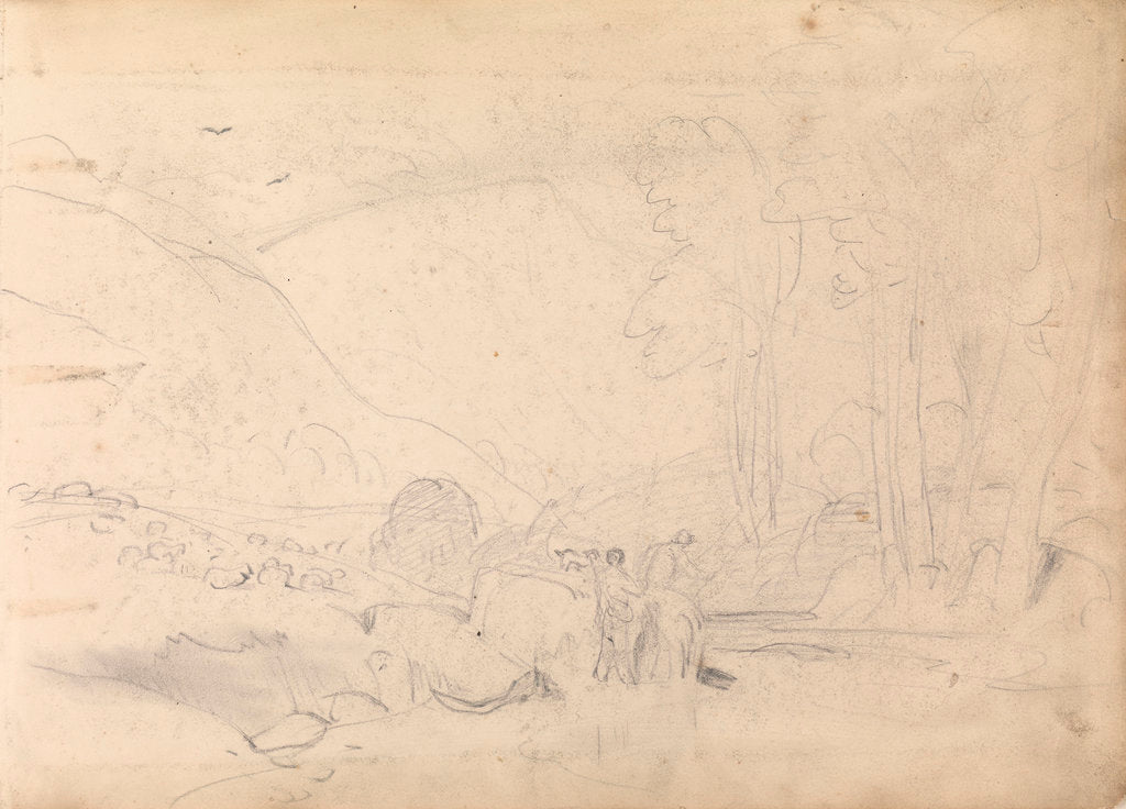 Detail of Sketch of mountainous landscape with trees and figures in foreground by John Christian Schetky