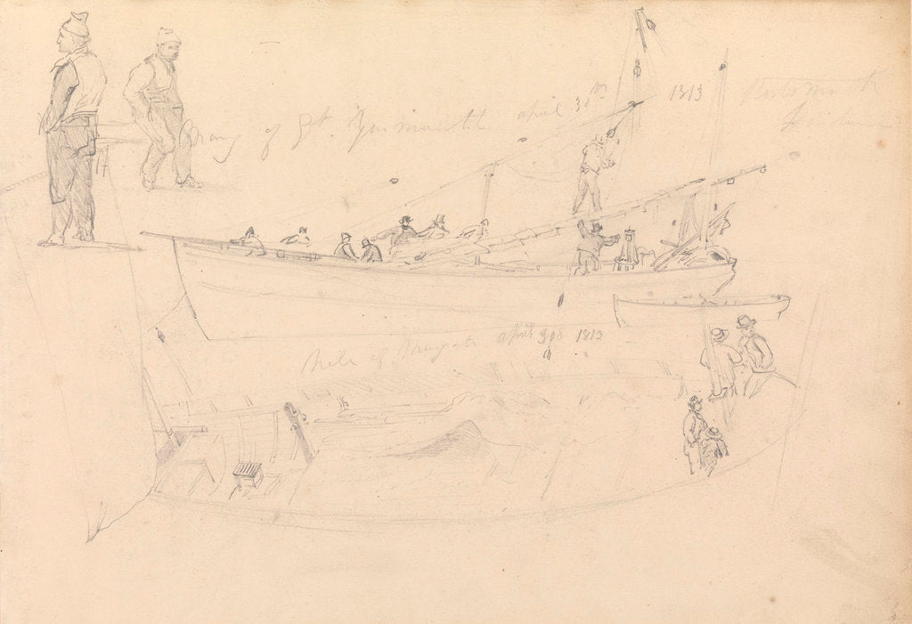 Detail of Studies of fishermen and craft, Portsmouth, 1813 by John Christian Schetky