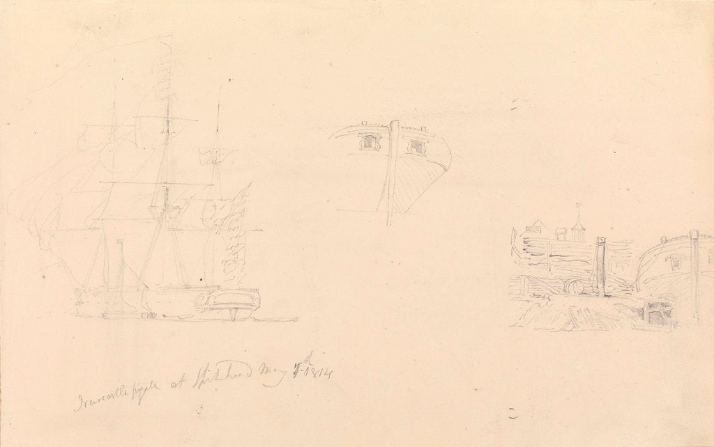 Detail of Slight sketch of 'Newcastle' frigate at Spithead by John Christian Schetky
