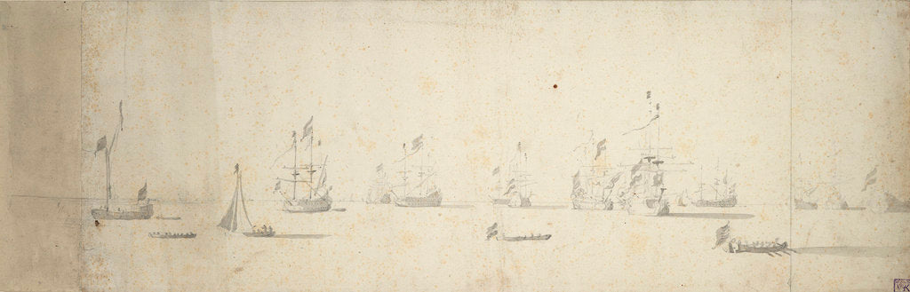 Detail of Dutch ships at anchor off the land by Willem van de Velde the Elder