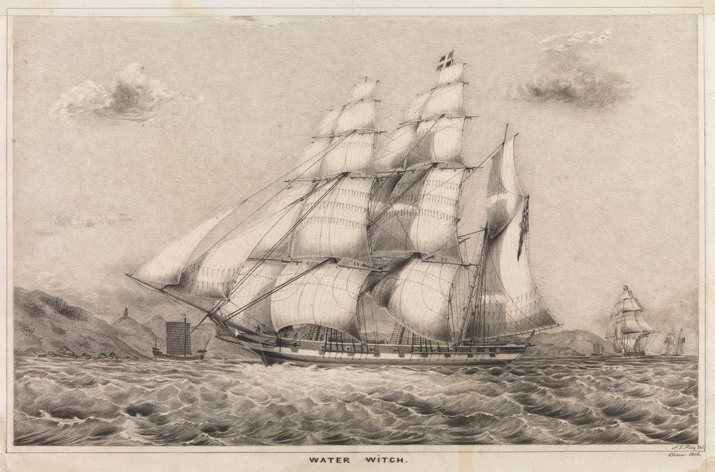 Detail of Water Witch Opium Clipper barque built by Kidderpore 1831, shown 1856 off China coast by F G Hely