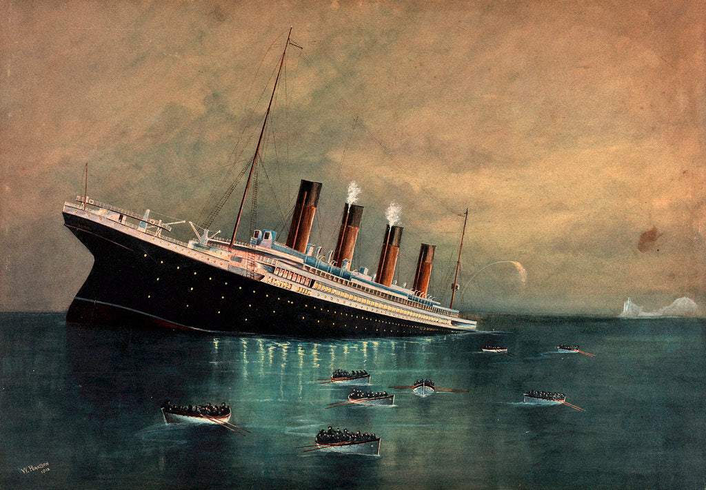 Detail of Atlantic liner 'Titanic' (Br, 1912) sinking, bow first, 1912, with eight full lifeboats nearby and an iceberg in the distance by W. Pearson