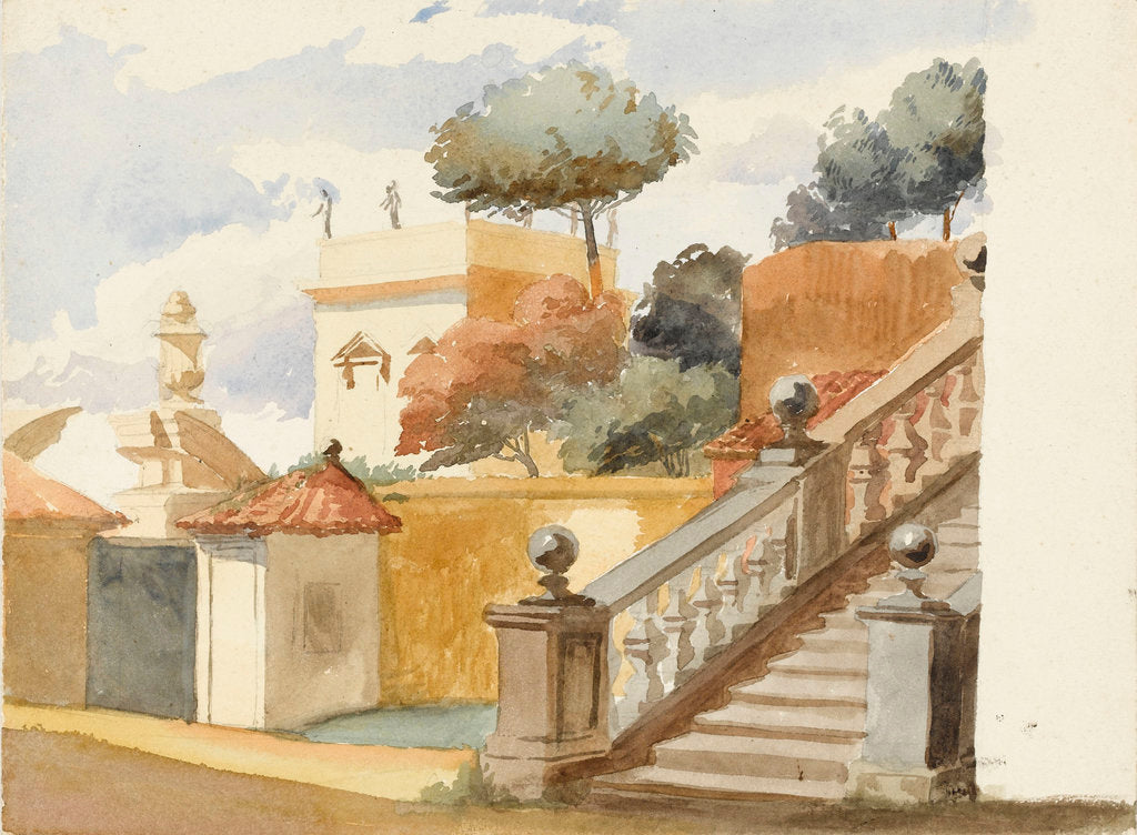 Detail of Roman jumble to the life. Staircase of uninteresting church of S. Dominico & S. Silvesto. Corner of Villa Aldobrandini with statues, in the garden of which are the trees - (pine, orange & eucalyptus) by Matilda Rose Herschel