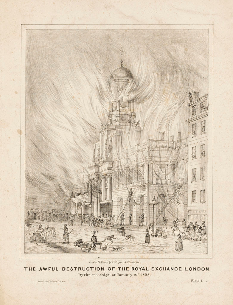 Detail of The Awful Destruction of the Royal Exchange London By Fire on the Night of January 10th 1838 by Smart