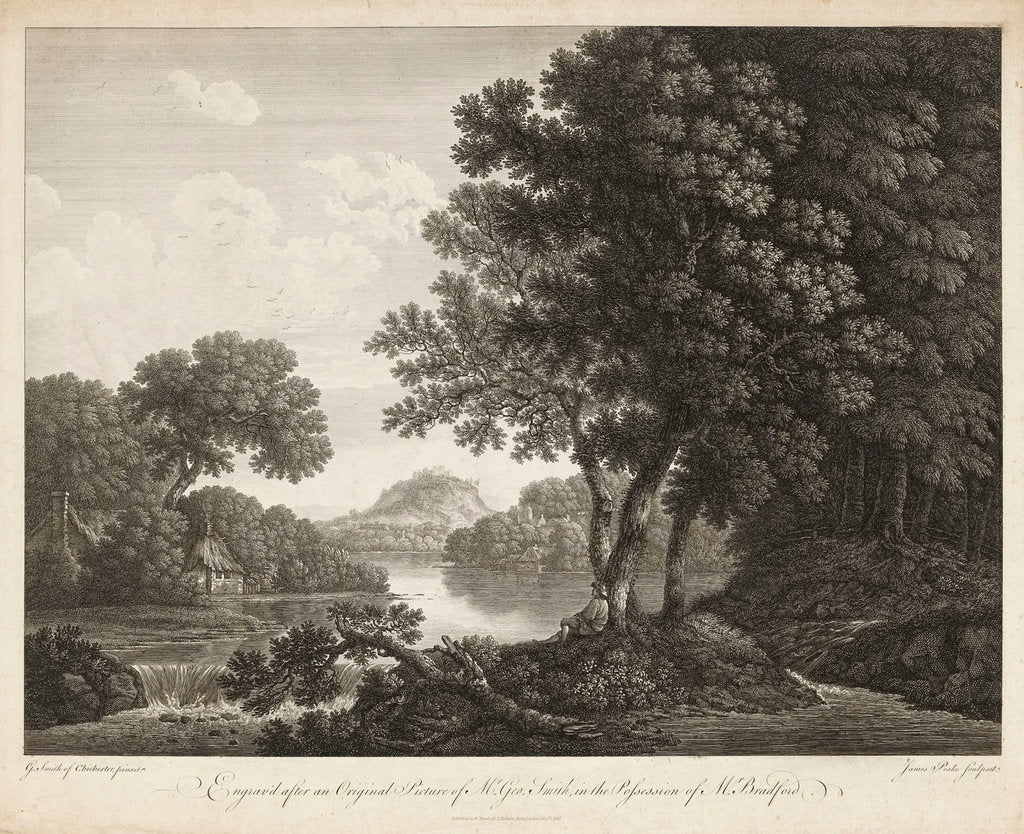 Detail of Country scene with river trees and small buildings by G. Smith