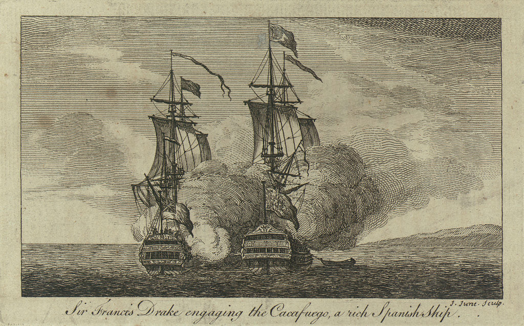 Detail of Sir Francis Drake engaging the 'Cacafuego', a rich Spanish ship by John June