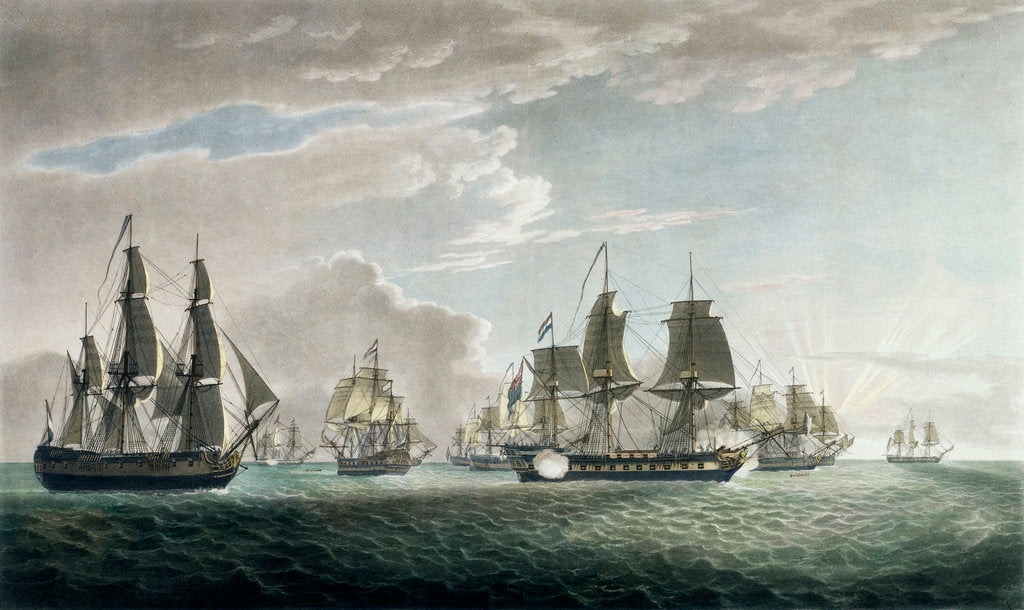 Detail of The East India Company's ship 'General Goddard' with His Majesty's ship 'Sceptre' and 'Swallow' packet capturing seven Dutch East Indiamen off St Helena, on the 14 June 1795 by Thomas Luny