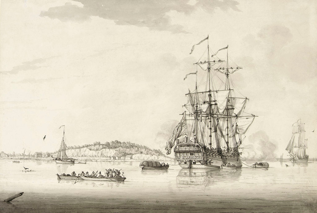 Detail of A calm with an East Indiaman anchored in an estuary by Francis Swaine