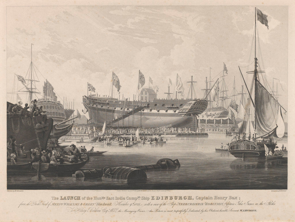 Detail of The Launch of the Honourable East India Company's Ship 'Edinburgh' from the dock yard of Messrs Wigrams & Green Blackwall with a view of the ship 'Abercrombie Robinson' on the stocks by William John Huggin