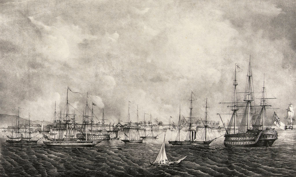 Detail of View of the town and harbour of Port Royal in Jamaica (showing the 'Cumberland',  'Highflyer',  etc) by Adolphe Duperley