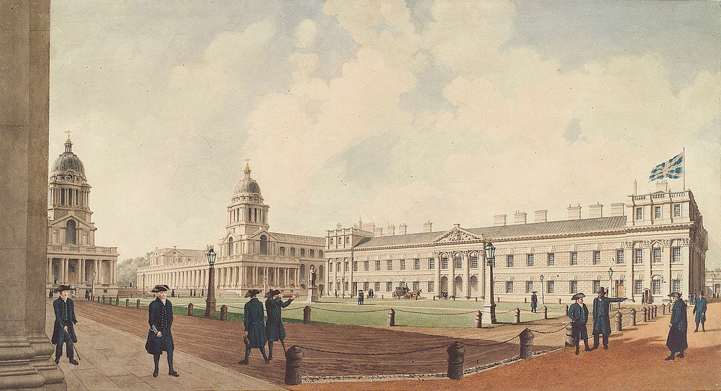 Detail of Greenwich Hospital viewed from the north and showing pensioners, 1830 by W. Porden Kay