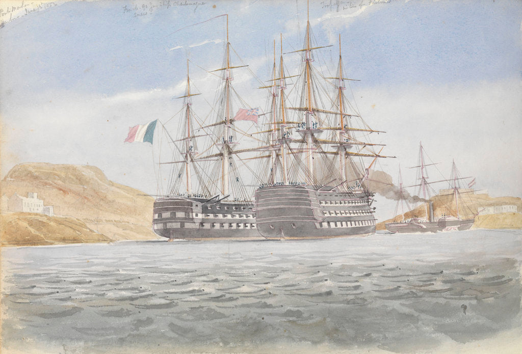 Detail of The 'Charlemagne' with 'Trafalgar' leaving Port Mahon under tow by 'Firebrand', 1 June 1822 by George Pechell Mends