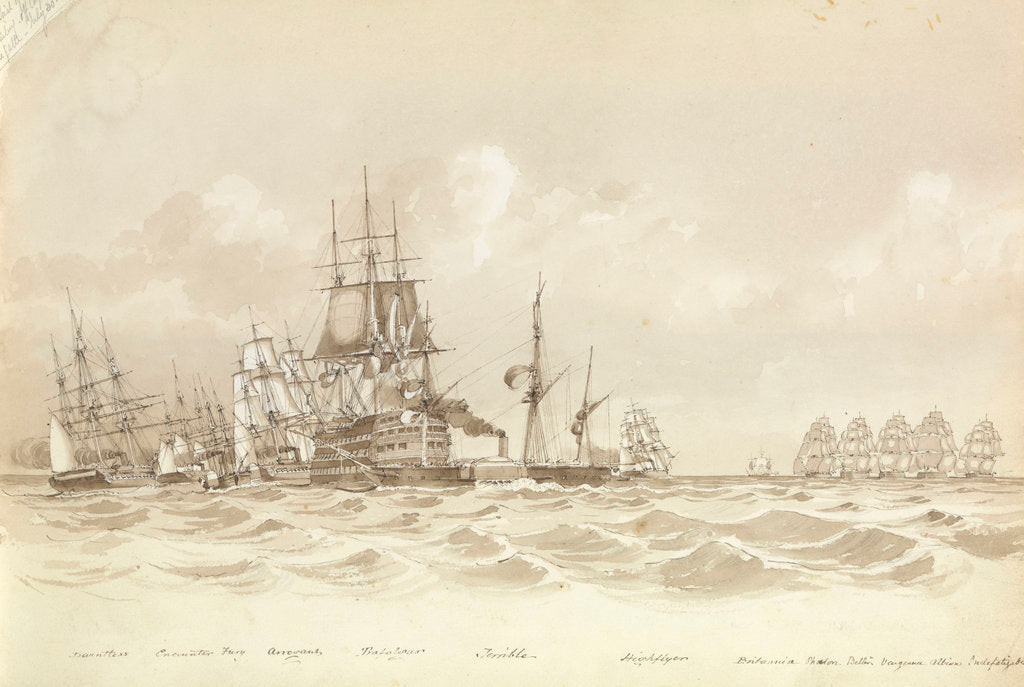 Detail of Trial of sailing off Cape de Galta [Cabo de Gata], 30 July 1852, 'Trafalgar' and 'Terrible' in the foreground by George Pechell Mends