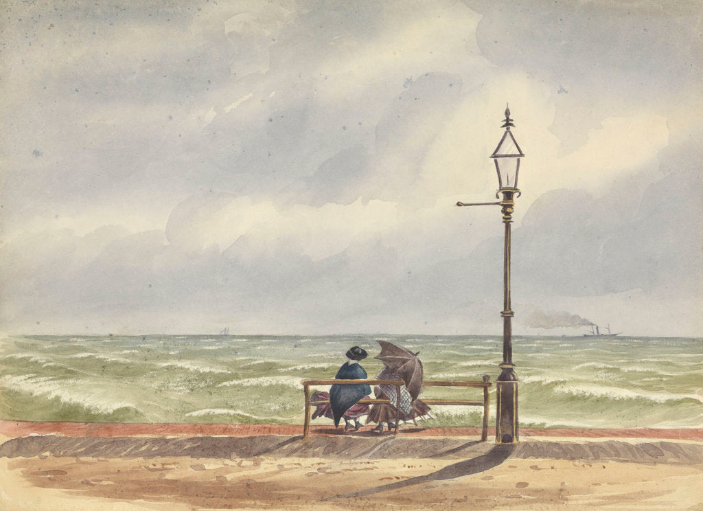 Detail of Coastal scene in poor weather, with two women seated on a promenade bench under a lamp post, one with an umbrella, looking out to sea by George Pechell Mends