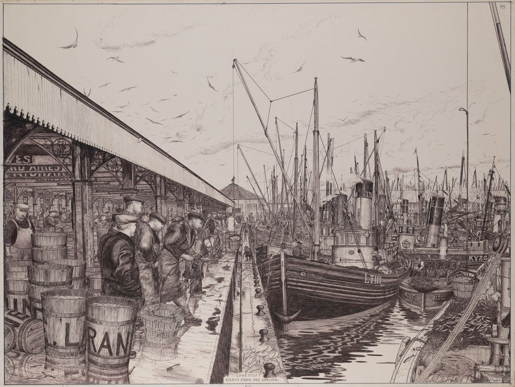 Detail of The 'Formidable' and other vessels unloading fish at Lowestoft by Edward J. Frost