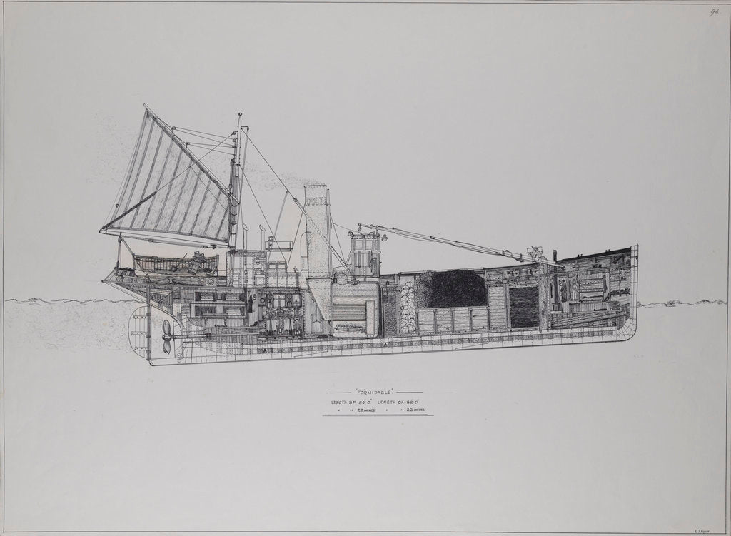 Detail of The 'Formidable', section drawing showing internal layout of a drifter by Edward J. Frost