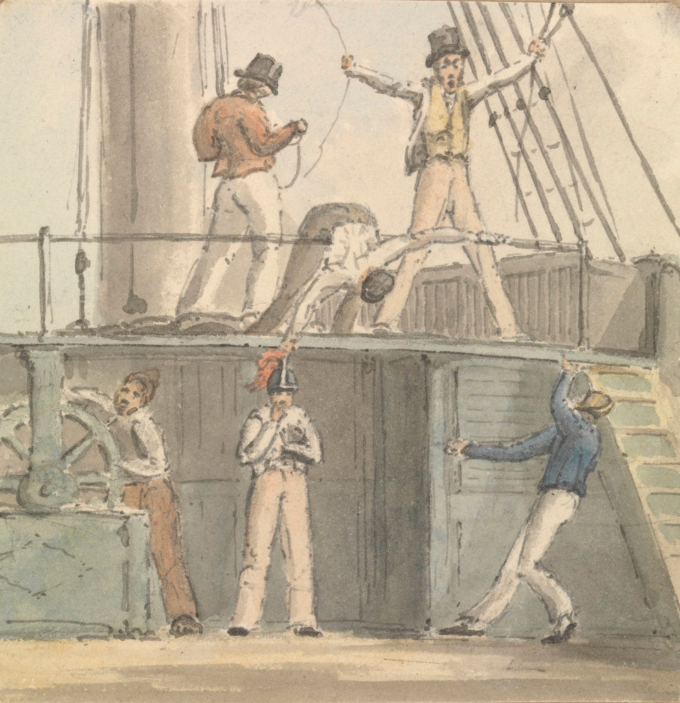 Detail of Deck scene with six figures including one steering at the ship's wheel by Robert Streatfeild