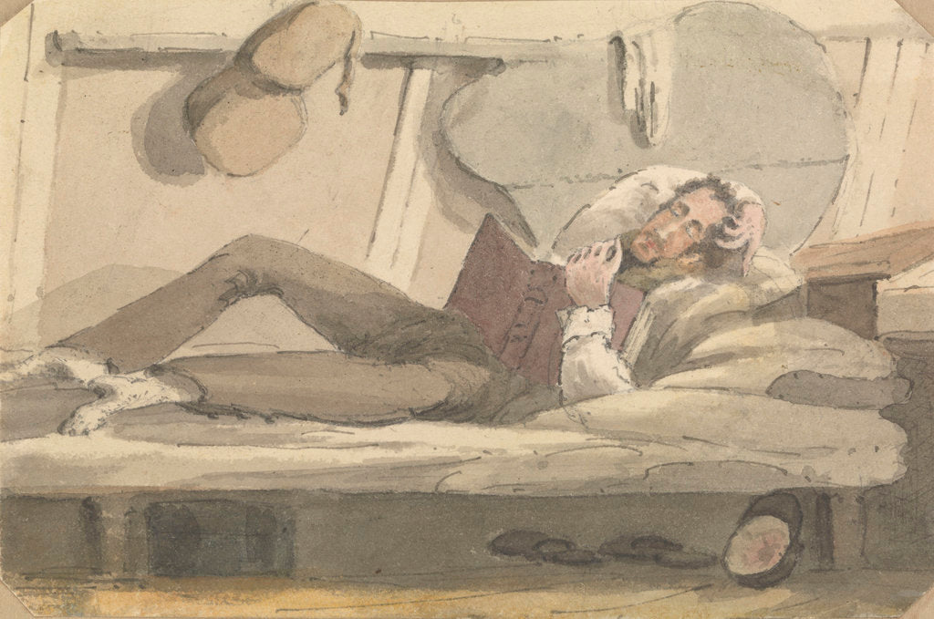 Detail of Full length view of man relaxing on a bunk reading a book by Robert Streatfeild