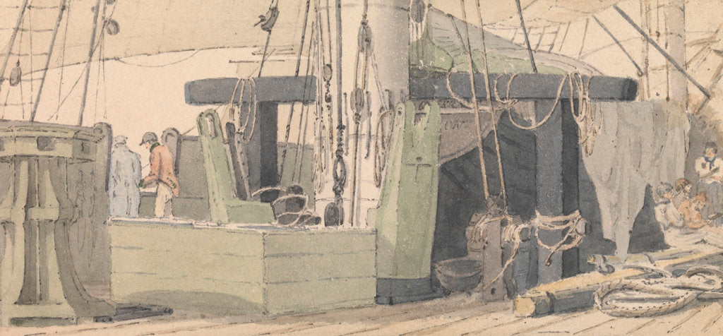 Detail of Deck scene showing capstan, mast and ropes, with sailors relaxing in the background by Robert Streatfeild