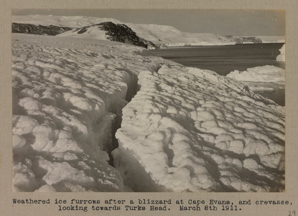 Detail of Weathered ice after blizzard at Cape Evans, and crevasse, looking towards Turks Head. by Herbert George Ponting
