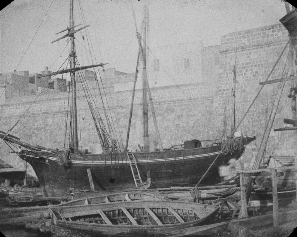 Detail of Maltese sailing vessel shore, possibly under repair. Inversed digital file to create b&w positive by Calvert Richard Jones