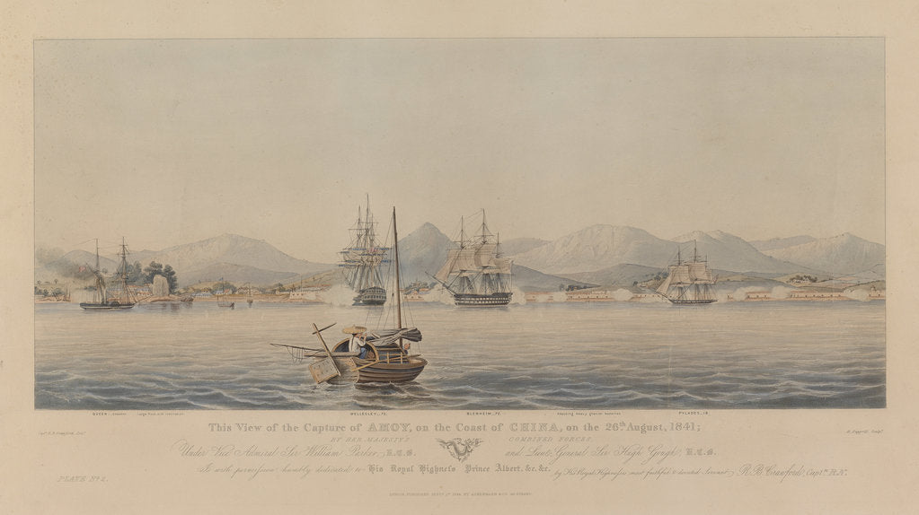 Detail of This View of the Capture of Amoy, on the Coast of China, on the 26th August, 1841; by Her Majesty's Combined Forces, under Vice Admiral Sir William Parker K.C.B. and Lieut. General Sir Hugh Gough... Plate 2 by Capt R. B. Crawford [artist]; Henry Papprill [engraver]; Rudolph Ackermann [publishers]