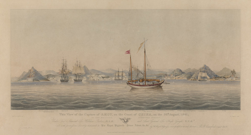 Detail of This View of the Capture of Amoy on the Coast of China, on the 26th August, 1841, by Her Majesty's Combined Forces, under Vice Admiral Sir William Parker K.C.B. and Lieut. General Sir Hugh Gough... Plate 1 by Capt R. B. Crawford [artist]; Henry Papprill [engraver]; Rudolph Ackermann [publishers]