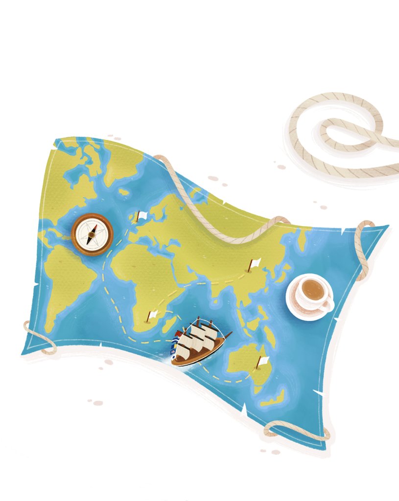 Detail of Children's book 'At Sea Without Tea - The Great Cutty Sark Adventure': Map with Cutty Sark, compass, and cup of tea by Giulia Casarotto