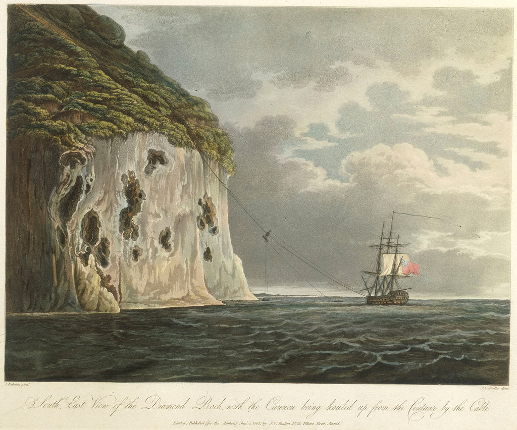 Detail of South east view of the Diamond Rock, with the cannon being hauled up from the 'Centaur' by the cable by Joseph Constantine Stadler