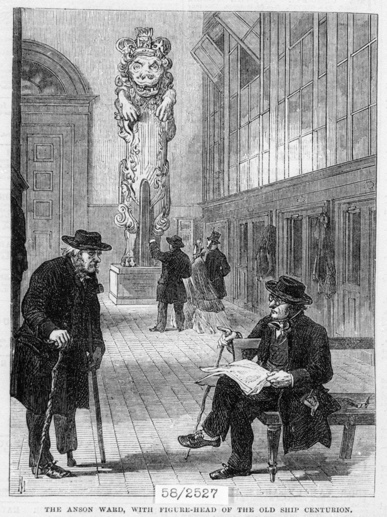 Detail of Greenwich pensioners in the Anson Ward, Greenwich Hospital, with figurehead of the old ship 'Centurion' by unknown