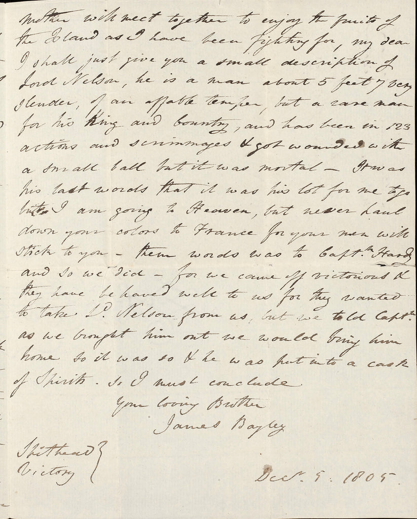 Detail of Letter from James Bagley sailor on the  Victory at Trafalgar, to his sister reporting on the battle. by unknown