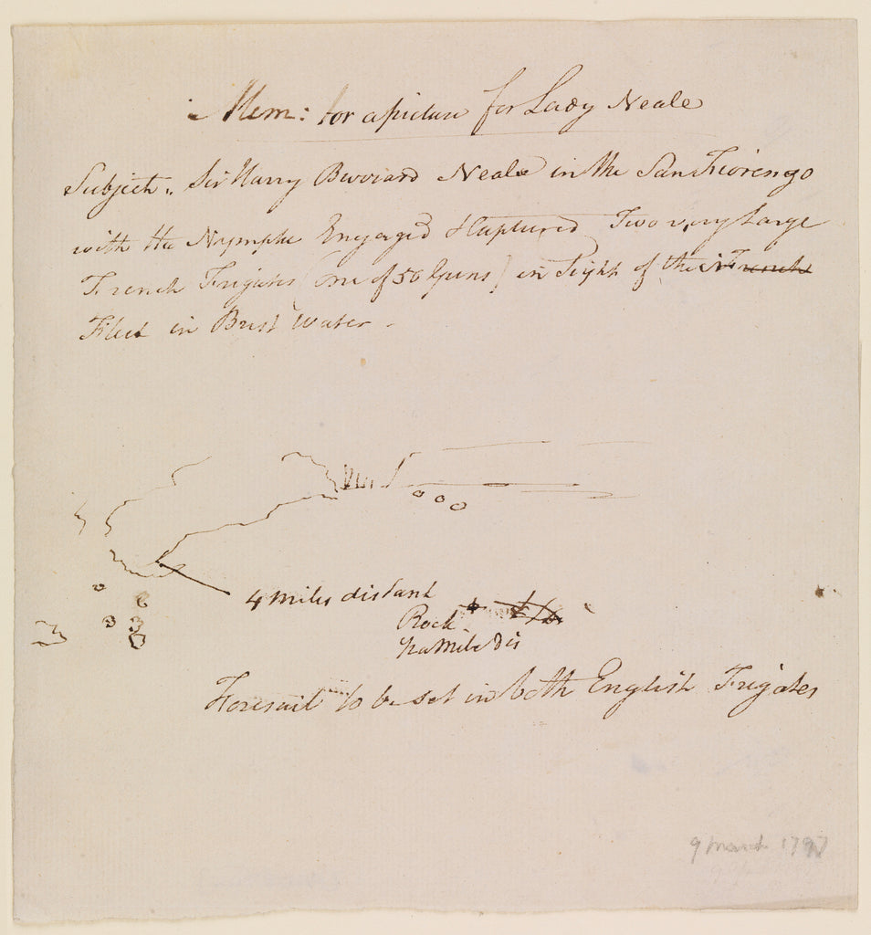 Detail of 'Mem: for a picture for Lady Neale. Sir Harry Burrard Neale in the 'San Fiorenzo', with the 'Nymphe', taking the 'Resistance' and 'Constance', 9 March 1797 by Unknown