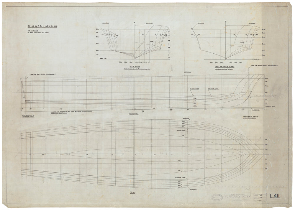 71ft 6” MGB 74-81L411 Lines; profile, 1/2 breadth & body, 1943