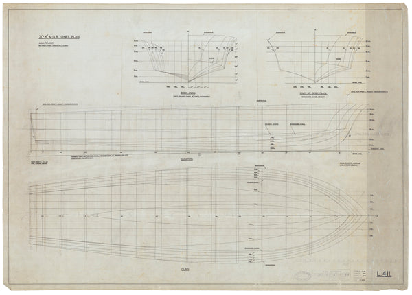 71ft 6” MGB 74-81L411 Lines; profile, 1/2 breadth & body, 1943