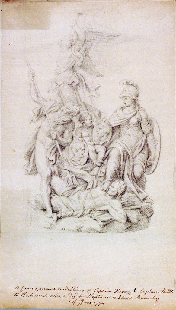 Detail of A Genius presents Medallions of Captain Harvey & Captain Hutt to Britannia [sic], who aided by Neptune subdues Anarchy 1 of June 1794 by Unknown
