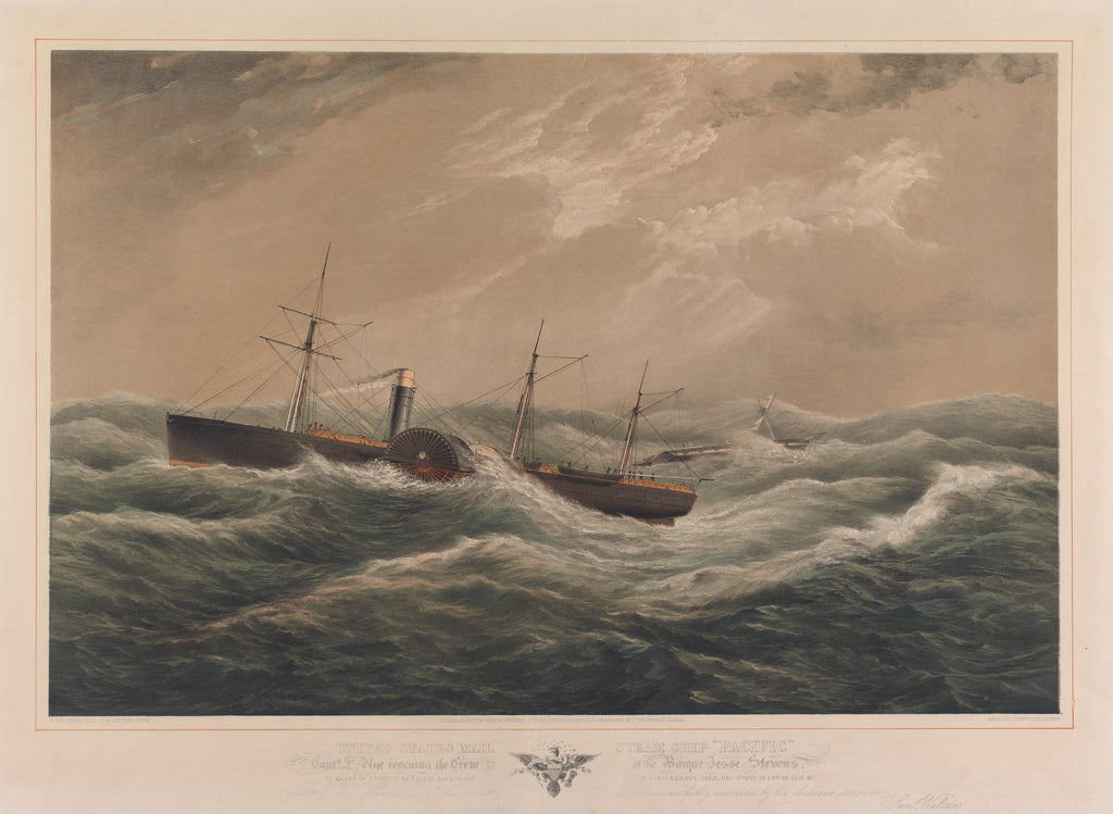 Detail of United States Mail Steam Ship Pacific... rescuing the Crew of the Barque Jesse Stevens by means of Francis metallic life boat during a heavy gale, Dec 4th 1852, in lat 48, lon 40 by Samuel Walters