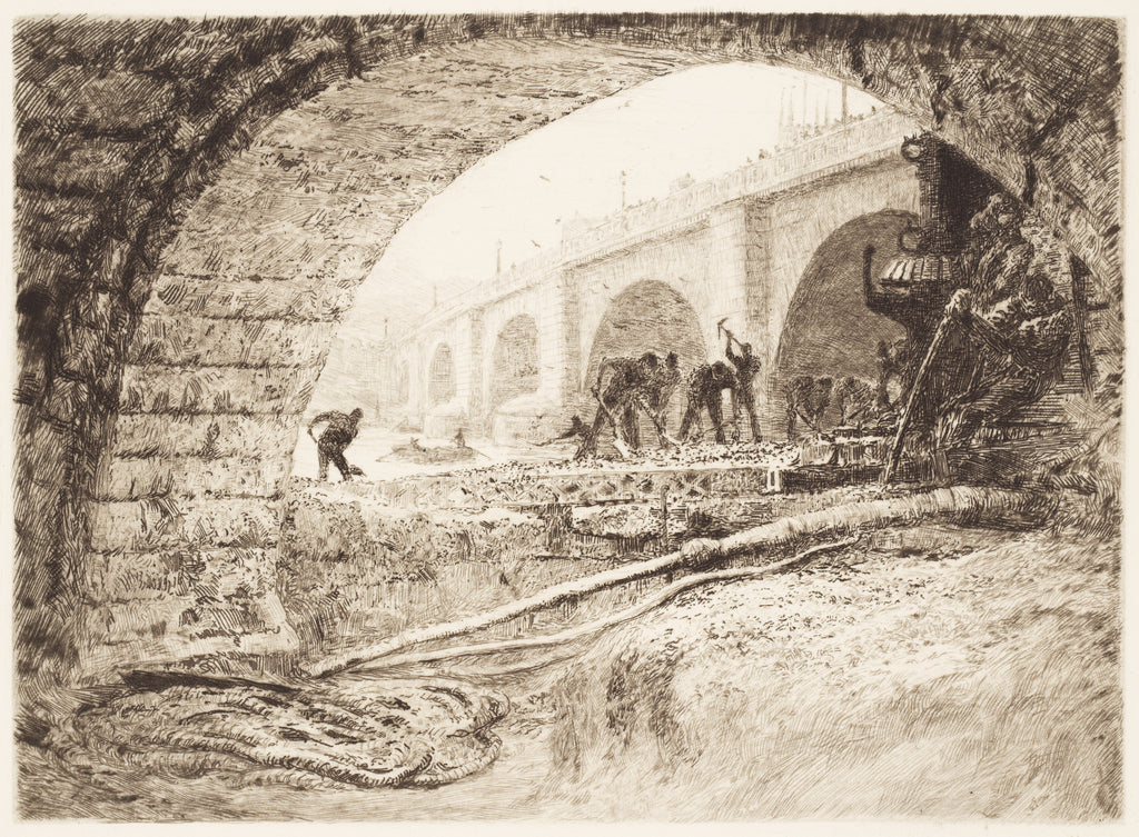 Detail of London Bridge, and tip of tower of Southwark Cathedral, from north bank of River Thames (site of Adelaide House) with workmen under archway by Unknown