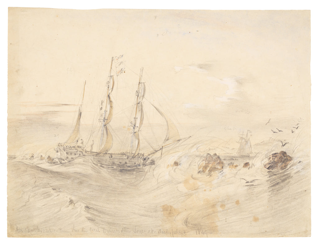 Detail of HMS Rattlesnake running through the coral barrier on the Louisiade Archipelago, 1849 by 