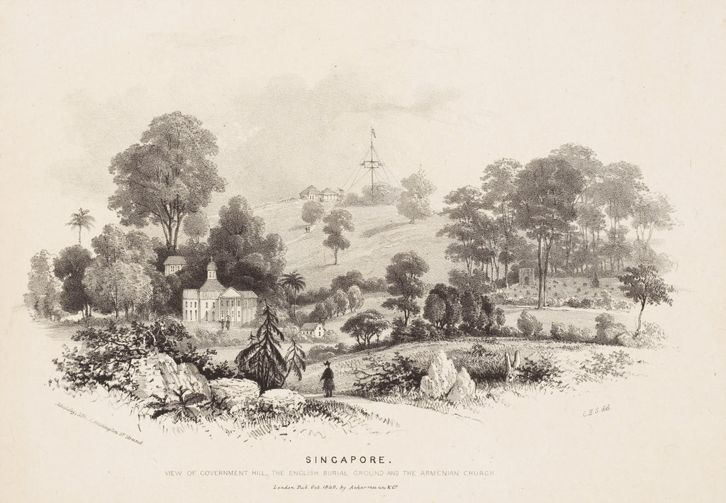 Detail of Singapore, view of Government Hill, the English burial ground and the Armenian church,First illustration in pamphlet Six views of Singapore and Macao from drawings made on the spot in 1840 by 