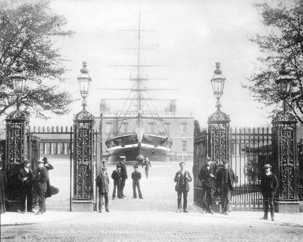 Detail of Entrance to Greenwich Hospital School with the drill ship 'Fame' and Queen's House beyond by unknown