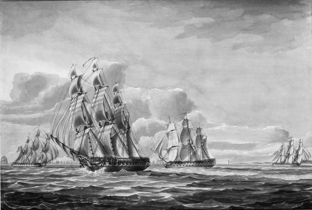 Detail of 'Caroline', 36 guns, being chased by French ships by Thomas Buttersworth