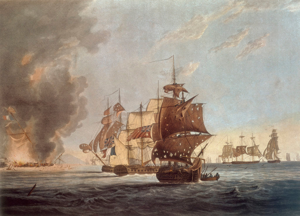 Detail of To the Officers, Seamen & Marines of His Majesty's Ships Amphion, Cerberus, Volage & Active, This Plate represents...blowing up of the French Commodore, off the Island of Lissa, in the Adriatic, on the 13 March 1811 by G. Webster
