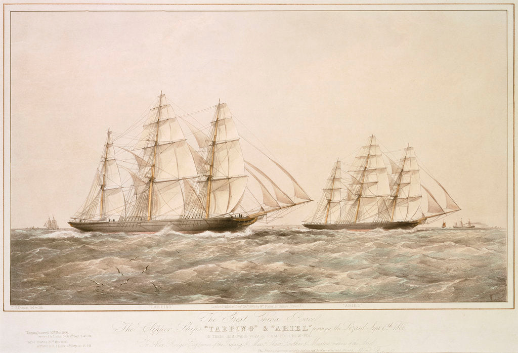 Detail of The Great China Race: the Clipper Ships 'Taeping' & 'Ariel' passing the Lizard 6 September 1866 on their homeward voyage from Foo-Chow-Foo by Thomas Goldsworth Dutton