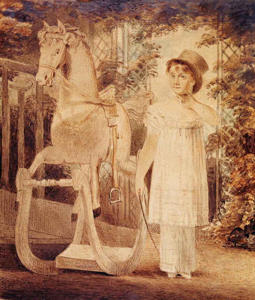 Detail of Horatia Nelson in top hat, dress and pantaloons with a rocking horse by unknown