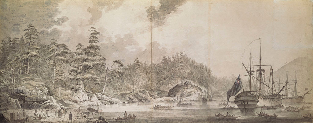 Detail of 'Resolution' and 'Discovery' in Ship Cove, Nootka Sound by John Webber