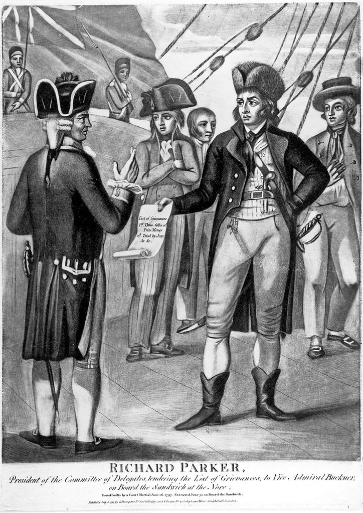 Detail of Richard Parker, President of the Committee of Delegates, tendering the list of grievances to Vice Admiral Buckner, on board the 'Sandwich' at the Nore by unknown